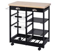 HOMCOM Chariot de service desserte de cuisine à roulettes multi-rangements 74L x 37l x 76H cm plateau bois massif pin châssis MDF noir