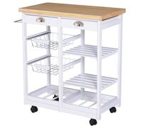 Homcom Chariot de Service Desserte de Cuisine à Roulettes Multi-Rangements Plateau Plateau en Bois Massif de Pin Bois Massif Pin Châssis MDF 74 x 37 x 76 cm Blanc