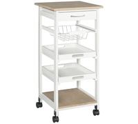 HOMCOM Chariot de service desserte de cuisine à roulettes panier + 2 plateaux amovibles, tiroir, étagère MDF chêne clair bois pin blanc