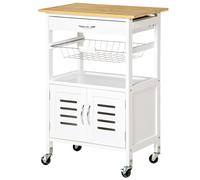 HOMCOM Chariot desserte de cuisine à roulettes avec plateau en bambou panier et armoire avec 2 portes persiennes 58L x 37l x 83H cm blanc