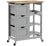HOMCOM Chariot desserte de cuisine à roulettes plan de travail en bois 3 tiroirs et 1 plateau amovible 67 x 37 x 85,5 cm gris