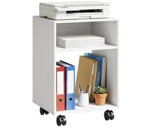 HOMCOM, chariot mobile pour imprimante en bois avec roues à frein et 2 compartiments ouverts, dimensions 40x35x55 cm, idéal pour le bureau ou le cabinet, couleur blanche
