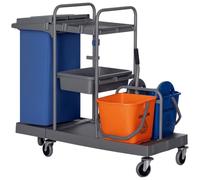HOMCOM Chariot Nettoyage 3 Niveaux avec Presse 2x18L Gris | Chariot de nettoyage, sac poubelle, 4 roues, pour nettoyage hôtel, restauration et bâtiment