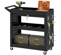 HOMCOM Chariot Outils 3 étagères, Panneaux, tiroir, Roues freinées, Noir | Chariot de rangement à roulettes, pour garage, atelier, entrepôt