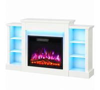 HOMCOM Cheminée Électrique Meuble TV Jusqu'à 65 Pouces avec 6 Étagères Effet Flamme 3D 12 Couleurs Ruban LED RGB Blanc