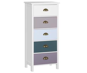 HOMCOM Chiffonnier commode meuble de rangement 5 tiroirs multicolores avec poignée métal coquille MDF - dim. 45L x 30l x 95,4H cm