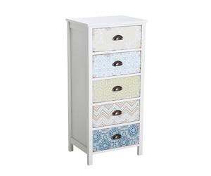 HOMCOM Chiffonnier Meuble de Rangement Style Néo-Rétro Graphique 5 Tiroirs MDF Bois 46 x 34 x 98 cm Blanc
