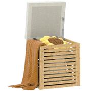 Pouf coffre style cosy chic - lattes bambou verni - coussin toucher lin gris clair