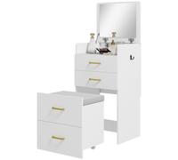 HOMCOM Coiffeuse 3-en-1 avec miroir, table de nuit, tabouret à roulettes, tiroirs, Blanc