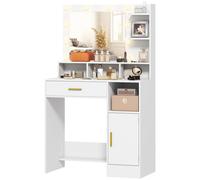 HOMCOM Coiffeuse avec miroir et 10 lumières LED, luminosité réglable, tiroir, placard et étagères ouvertes, 80x40x135cm, blanc