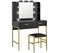 HOMCOM Coiffeuse avec miroir et éclairage intégré, tabouret rembourré, 2 tiroirs, étagères, coiffeuse moderne, noir