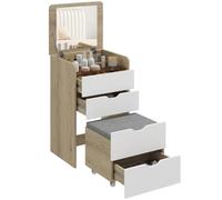 HOMCOM Coiffeuse avec Miroir et Tabouret 3 en 1 2 tiroirs Chêne et Blanc | Table de Maquillage, Miroir Rabattable, Tabouret de Rangement escamotable, Plateau en Verre, Siège Rembourré