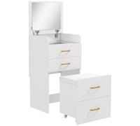 HOMCOM Coiffeuse avec miroir et tabouret 3 en 1, 3 tiroirs et plateau en verre visible, coussin rembourré, 48 x 40 x 90 cm, blanc
