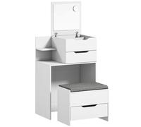 HOMCOM Coiffeuse avec miroir et tabouret avec miroir rabattable, table de maquillage avec tiroirs, Blanc