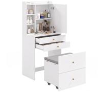 HOMCOM Coiffeuse avec miroir et tabouret de rangement mobile, table de coiffeuse compacte avec armoire, tiroirs, étagères ouvertes, siège rembourré, bureau de maquillage moderne pour chambre à coucher