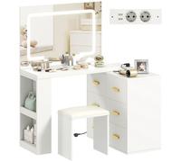 HOMCOM Coiffeuse avec Miroir et Tabouret, LED Réglable 3 Couleurs, Blanc | 2 USB Ports Et 2 Prises, Table De Maquillage Modulable, 6 Tiroirs À Fermeture Douce, 2 Étagères, Siège Rembourré