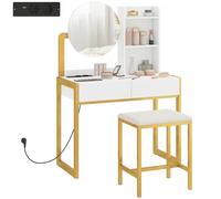 HOMCOM Coiffeuse avec Miroir et Tabouret, Station Charge, 2 Tiroirs, Blanc | Table de Maquillage, 3 Étagères Ouvertes, Assise Rembourrée, Cadre en Métal, pour Chambre à Coucher