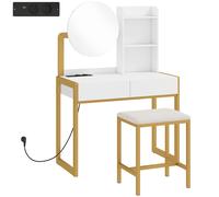 HOMCOM Coiffeuse avec miroir et tabouret, station de charge, table de maquillage avec 2 tiroirs, 3 étagères ouvertes, blanc