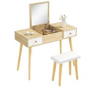 HOMCOM Coiffeuse avec Miroir et Tabouret, Table de Maquillage avec 2 tiroirs et Miroir Rabattable, Coussin rembourré, Bureau Coiffeuse, 100 x 45 x 118 cm, Naturel