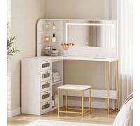 HOMCOM Coiffeuse avec Miroir LED réglable et Tabouret Blanc | Tabouret rembourré, 2 couleurs de lumière, 5 tiroirs, 2 compartiments ouverts, 2 étagères en verre, pour chambre
