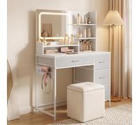 HOMCOM Coiffeuse avec Miroir LED Tactile 3 Modes, Prise intégrée, 4 tiroirs, 5 étagères Ouvertes et Support sèche-Cheveux, 88 x 40 x 130 cm, Blanc