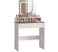 HOMCOM Coiffeuse avec Miroir, lumières LED, 2 tiroirs, Brun Noyer | Table de maquillage, 3 compartiments, 3 couleurs d'éclairage, chambre, moderne, femmes et filles