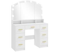 HOMCOM Coiffeuse avec Miroir, Lumières LED Réglable 3 Couleurs, 7 Tiroirs, 3 Compartiments Ouverts, 110 x 40 x 150 cm, Blanc