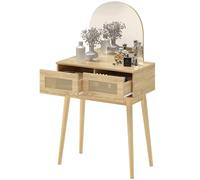 HOMCOM Coiffeuse de maquillage avec miroir arqué 2 tiroirs à façade en rotin pour petits espaces naturel