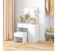 HOMCOM Coiffeuse de maquillage avec miroir LED et tabouret table de maquillage avec tiroirs, étagère réglable et étagères ouvertes pour chambre ou salon Blanc