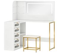 HOMCOM Coiffeuse de maquillage avec miroir Lumières LED Tabouret 5 tiroirs 2 compartiments et 2 étagères en verre Blanc