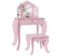 HOMCOM Coiffeuse Enfant avec Tabouret à Miroir Pliant 3 Volets Rose | Coiffeuse pour filles, table de maquillage, tiroir