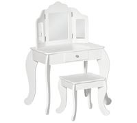 HomCom Coiffeuse enfant 2 en 1 avec tabouret miroir triptyque tiroir – Blanc acrylique