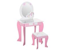 HOMCOM Coiffeuse enfant table de maquillage meuble jeu enfant fille tabouret inclus miroir avec motif de licorne tiroir MDF rose