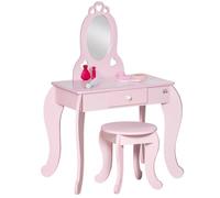 HOMCOM Coiffeuse Enfant Girly Tabouret Inclus 60L x 36l x 88H cm Rose | Design Girly avec Motifs à Coeur, Tiroir, Miroir, MDF
