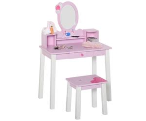 Homcom Coiffeuse enfant table de maquillage avec tabouret, 1 tiroir, miroir 59 x 39 x 92 cm bois rose