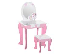 HOMCOM Coiffeuse enfant table de maquillage meuble jeu enfant fille tabouret inclus miroir avec motif de licorne tiroir MDF rose