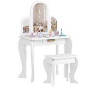 HOMCOM Coiffeuse Enfants avec Tabouret, Miroir, tiroir, 3-6 Ans Blanc | Set de coiffeuse enfant, bureau de maquillage