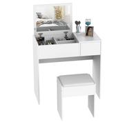 HOMCOM Coiffeuse Miroir Rabattable, Tabouret rembourré, Blanc | Bureau de maquillage, compartiments cachés, tiroir de rangement, table d'écriture convertible, chambre