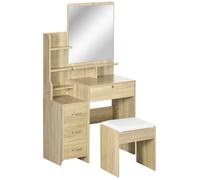 HomCom - Ensemble coiffeuse avec tabouret rembourré et grand miroir, 4 tiroirs, bois naturel
