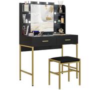 HOMCOM Coiffeuse Table de Maquillage avec Tabouret, Miroir et éclairage intégré, 2 tiroirs, étagères, Coiffeuse Moderne pour Chambre à Coucher, Noir