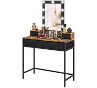 HOMCOM Coiffeuse table de maquillage miroir LED réglable intégré - pied en métal noir - 4 tiroirs en tissu - Aspect bois foncé