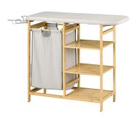 HOMCOM Collecteur de Linge, multifonction, Planche à Repasser & Sac en Tissu 57 L, Cadre en Bambou, 113x34x82 cm, Naturel/Gris