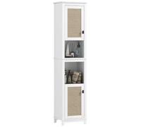 HOMCOM Colonne de Bain, 2 Portes, 2 Compartiments 40x30x167.5 cm Blanc | Armoire de bain haute bohème avec façade en rotin et étagères réglables