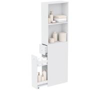 HOMCOM Colonne de Salle de Bain Fine et Moderne, Meuble sur Pied avec Organisateur Roulant Coulissant, étagères Ouvertes, tiroir et étagère réglable, Blanc