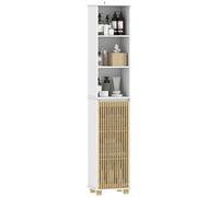 HOMCOM Colonne Salle de Bain Meuble de Rangement 35 x 26 x 173 cm Blanc | Porte à Lattes en Bambou, Compartiments Ouverts, Armoire Haute, Salon, Cuisine