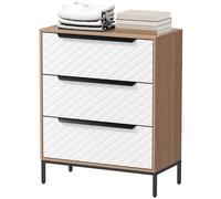 HOMCOM Commode 3 tiroirs en tissu Façades motif diamant pour salon bureau dressing naturel et blanc