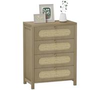 HOMCOM Commode 4 Tiroirs Bohémienne 70 x 38 x 93 cm Effet Bois Naturel | Meuble de Rangement, Portes en Résine Tressée, Poignées Dorés, Commode Chambre à Coucher, Salon