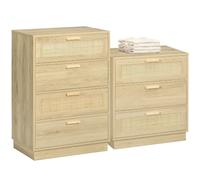 HOMCOM Commode 4 tiroirs + Commode 3 tiroirs Style Bohème Bois Naturel | Meuble de Rangement, Cadre en Bois, Chiffonnier en Rotin, pour Chambre à Coucher, Salon, Entrée