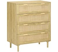 HOMCOM Commode 4 tiroirs meuble de rangement façade tissage en rotin style bohème dim. 90l x 45P x 108,5H cm Aspect Bois Clair