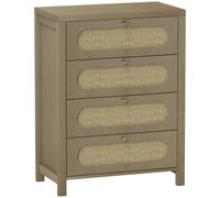 HOMCOM Commode 4 tiroirs meuble de rangement style bohémienne avec portes résine tressée, 70 x 38 x 93 cm, effet bois naturel